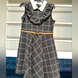 Janie & Jack Girls Size 7 Dress. Gray/White/Camel Color Plaid Print Ruffled🩶✨